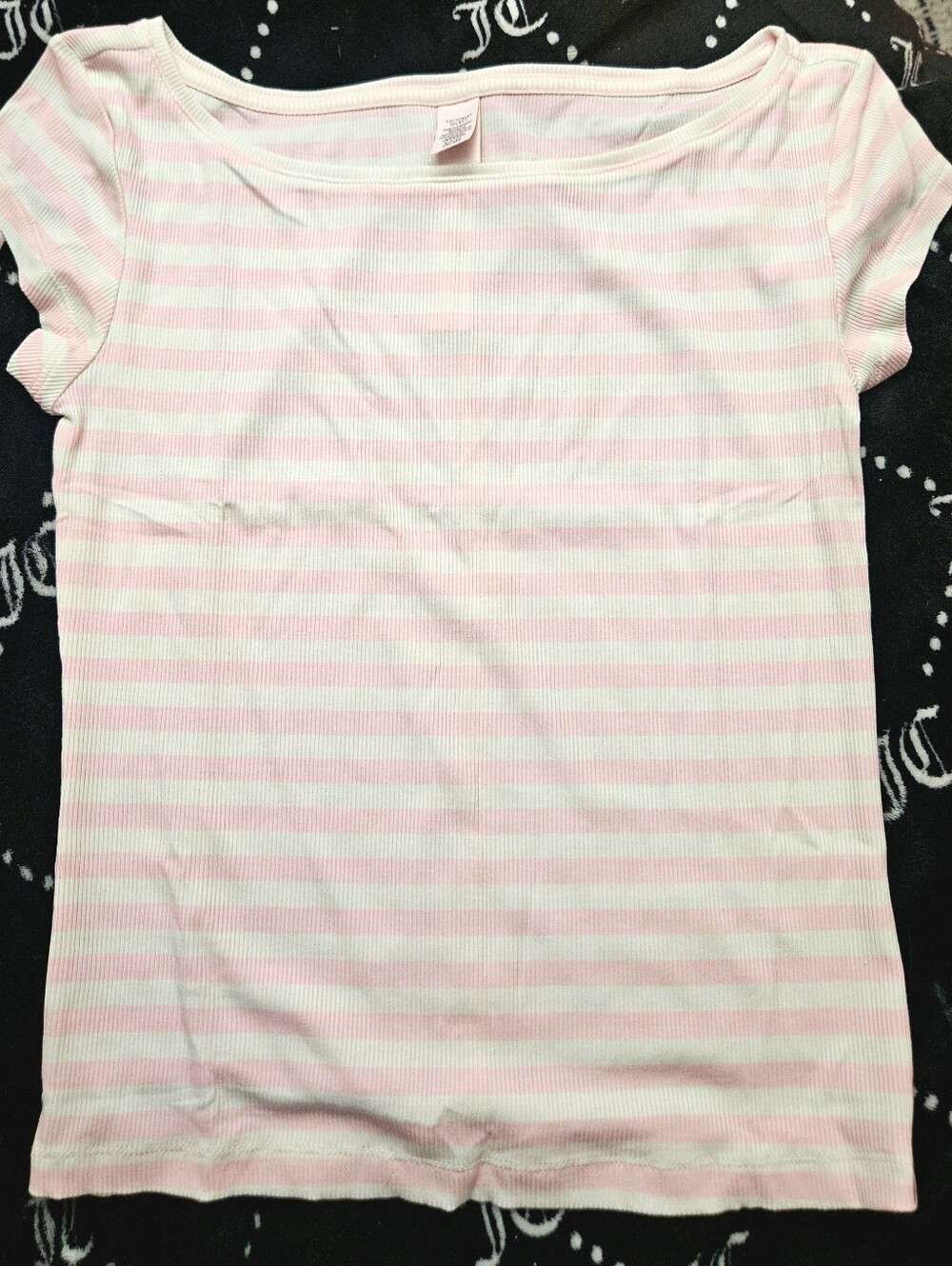 Angel Essentials VS Iconic Rib Boatneck Tee Pink Stripe NEW SMALL MSRP $39.95